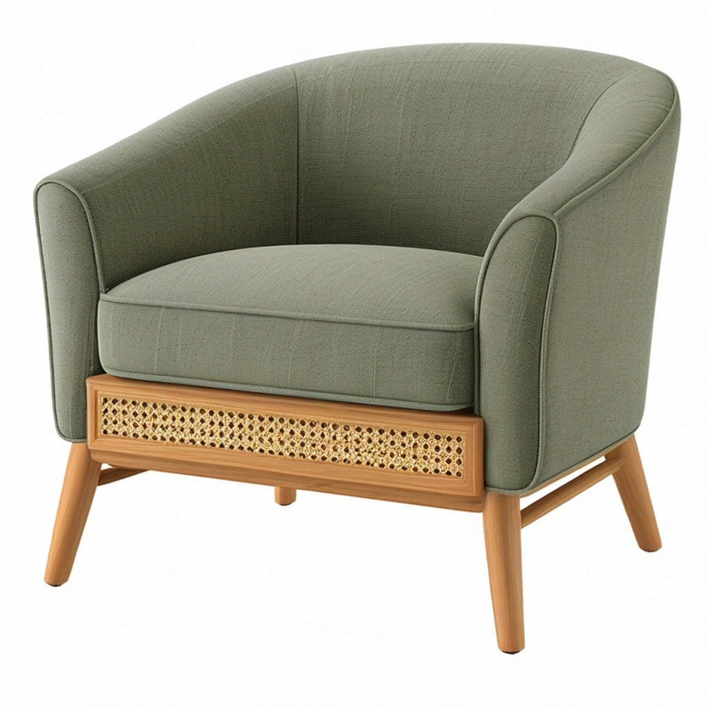 Poltrona 82 x 78 x 78 cm in tessuto verde salvia con legno e rattan - stile retrò