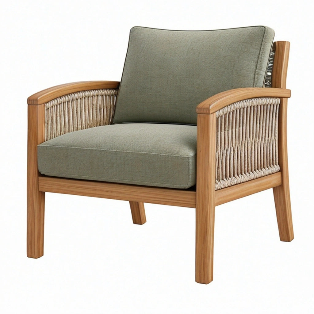 Poltrona 78 x 82 x 88 cm in legno e corda verde salvia stile naturale per soggiorno
