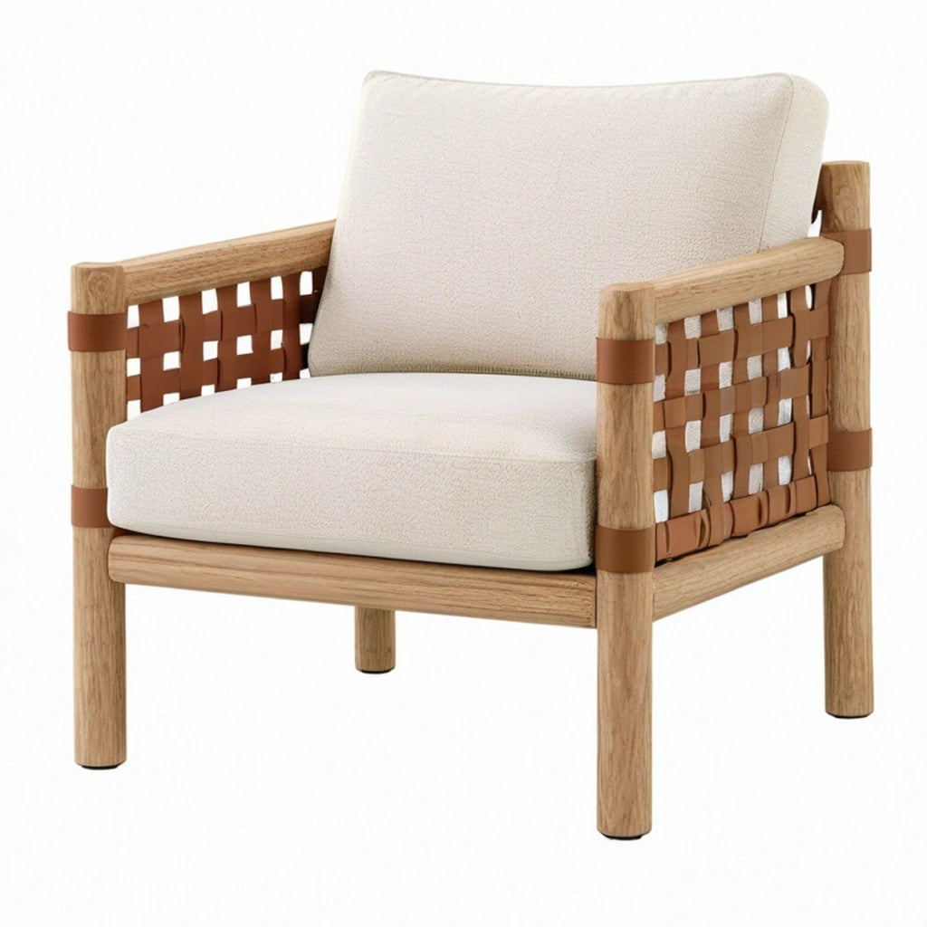 Poltrona 76 x 78 x 82 cm in legno e tessuto beige con intreccio cuoio stile contemporaneo