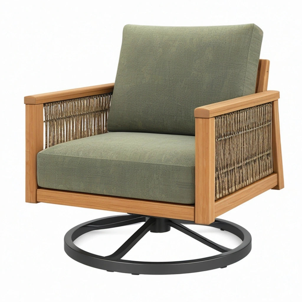 Poltrona girevole 85 x 80 x 90 cm in legno verde salvia con braccioli intrecciati