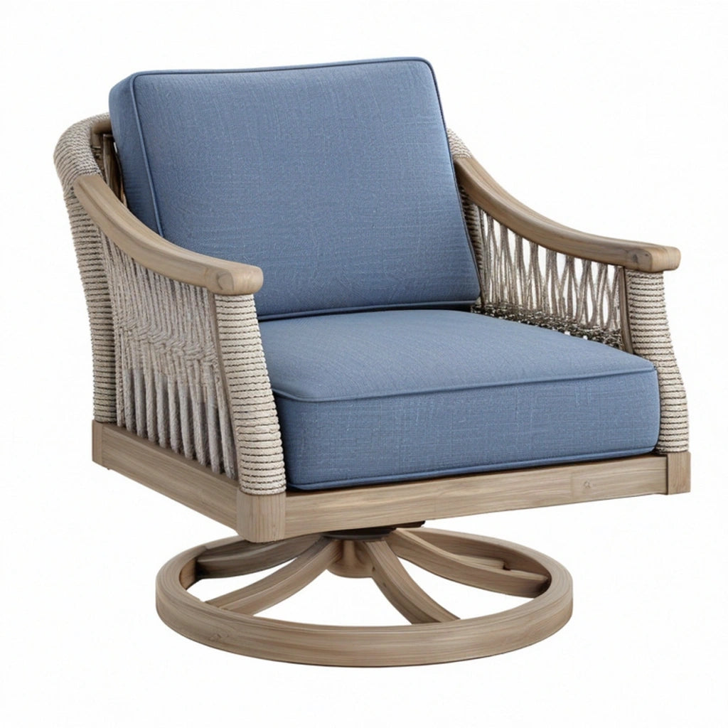 Poltrona girevole da esterno 78 x 85 x 88 cm in legno e corda beige con rivestimento blu