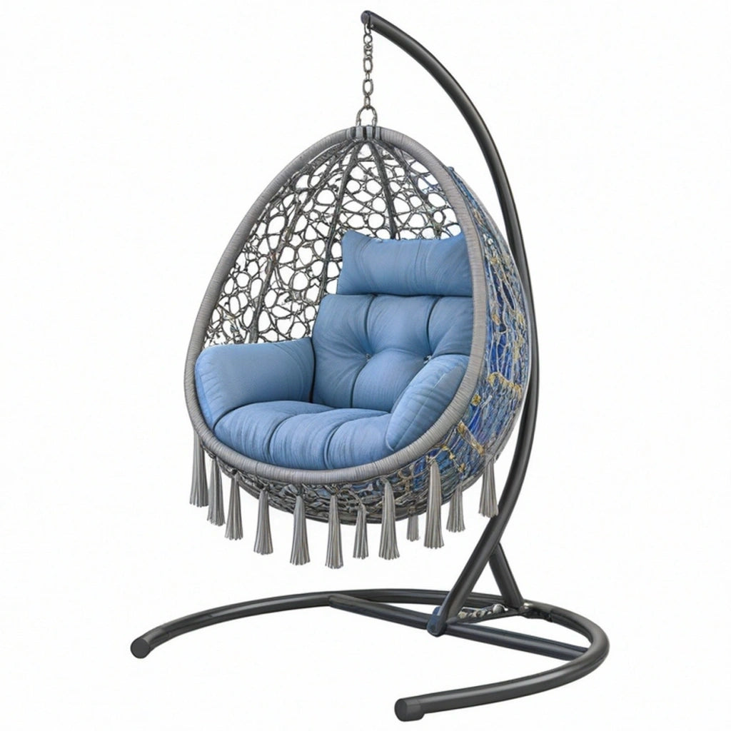 Poltrona sospesa 105 x 105 x 195 cm in metallo e intreccio grigio blu con supporto