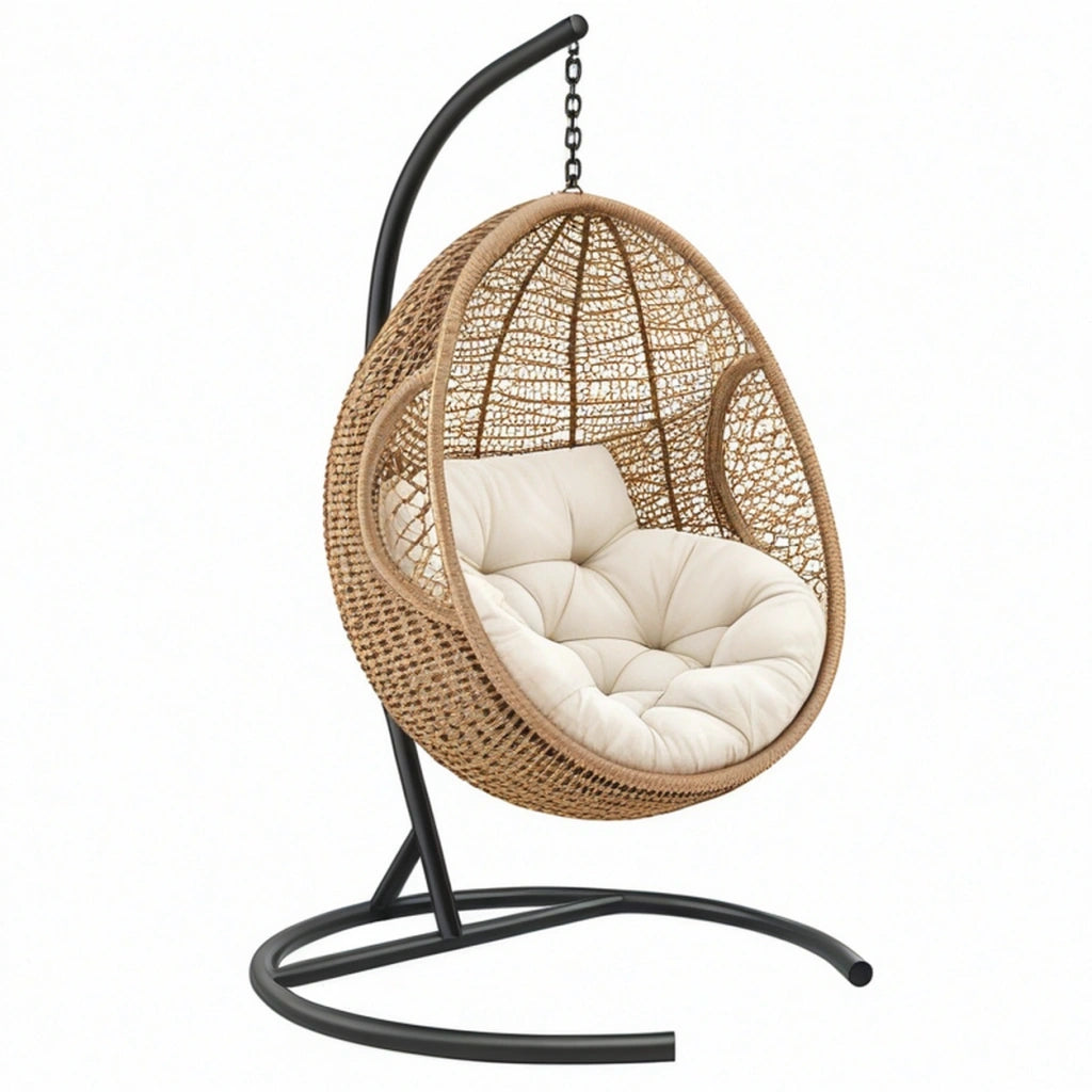 Poltrona sospesa 105 x 105 x 195 cm in fibra intrecciata naturale e metallo nero per relax stile boho