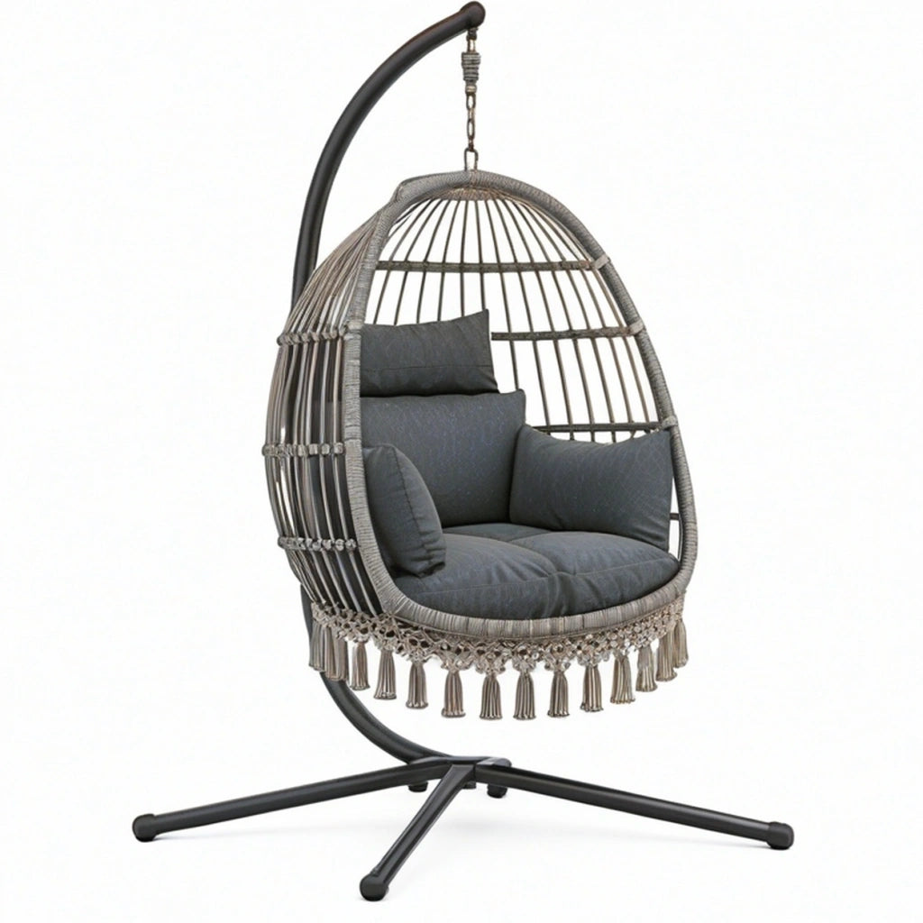 Poltrona sospesa 105 x 95 x 195 cm in fibra intrecciata grigio nero con supporto stile boho