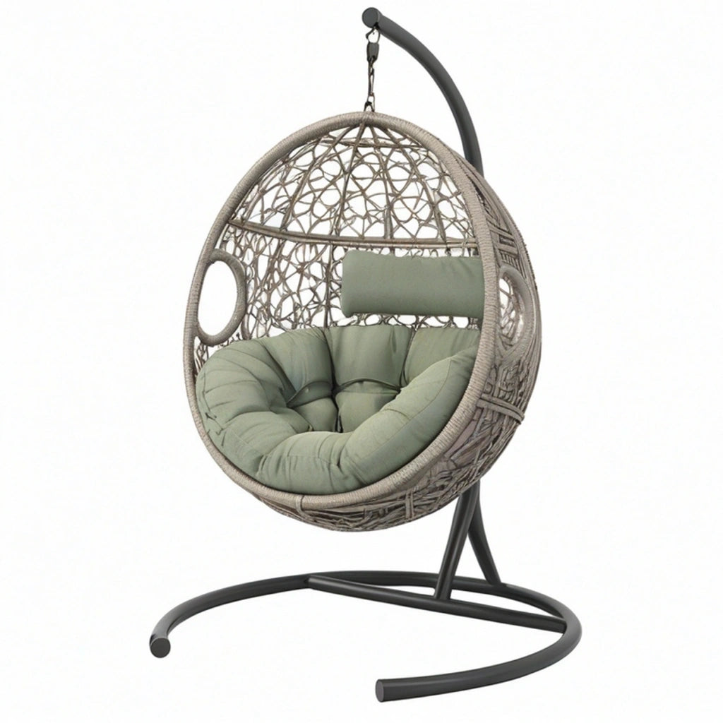 Poltrona sospesa 105 x 105 x 195 cm in rattan sintetico grigio con struttura in metallo e seduta verde salvia