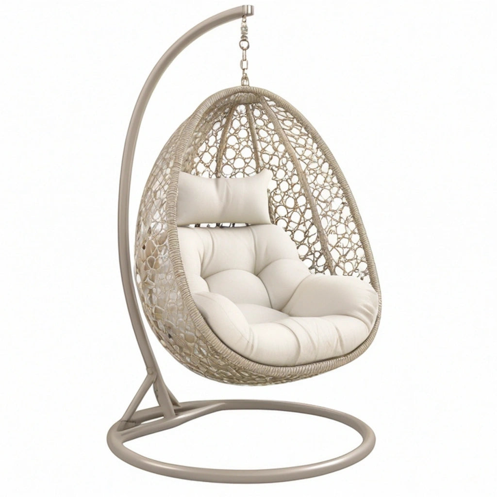 Poltrona sospesa 105 x 105 x 195 cm in metallo e intreccio beige con seduta imbottita