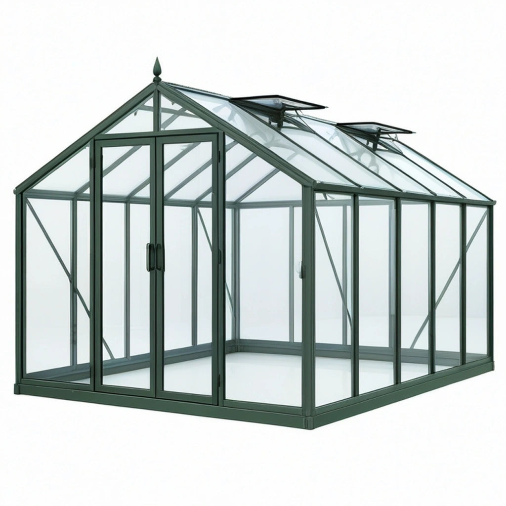 Serra da giardino 250 x 190 x 240 cm in alluminio verde con pannelli trasparenti e ventilazione sul tetto