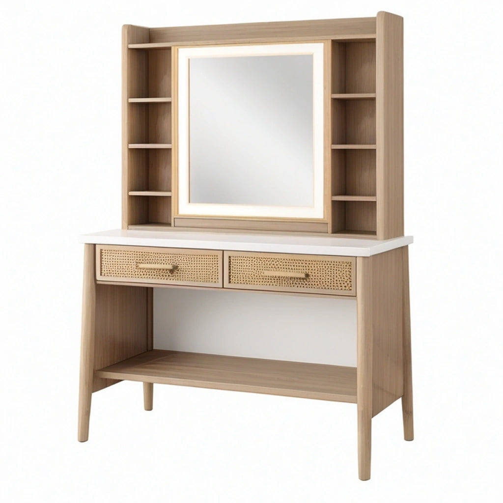 Toeletta 100 cm x 45 cm x 180 cm in legno beige con specchio e cassetti stile naturale