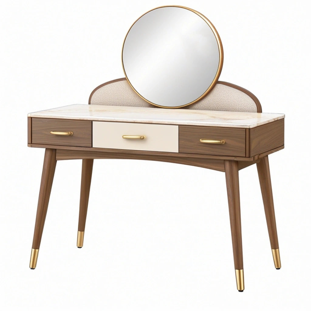 Tavolo da toeletta 120 x 45 x 140 cm in legno marrone con piano effetto marmo e specchio rotondo