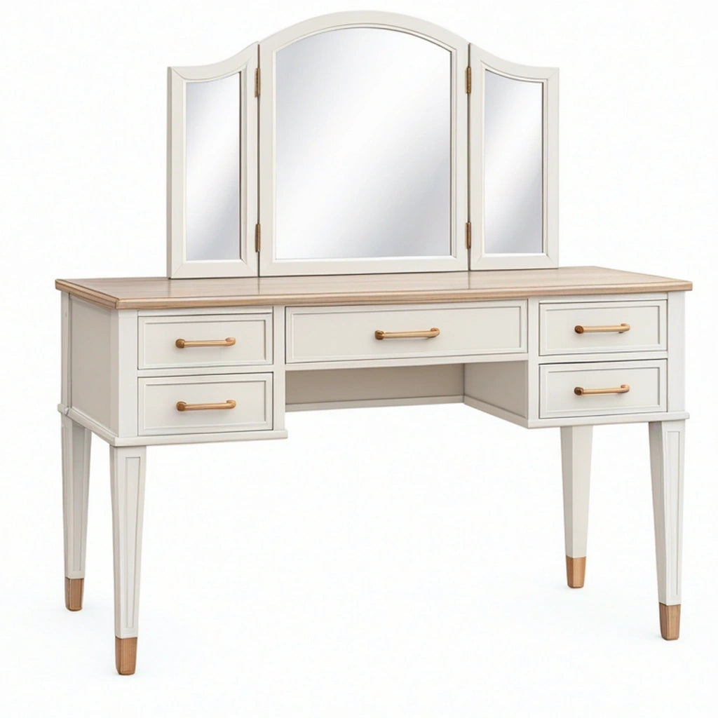 Tavolo da toeletta 120 x 45 x 150 cm in legno bianco con specchio a tre pannelli e 5 cassetti