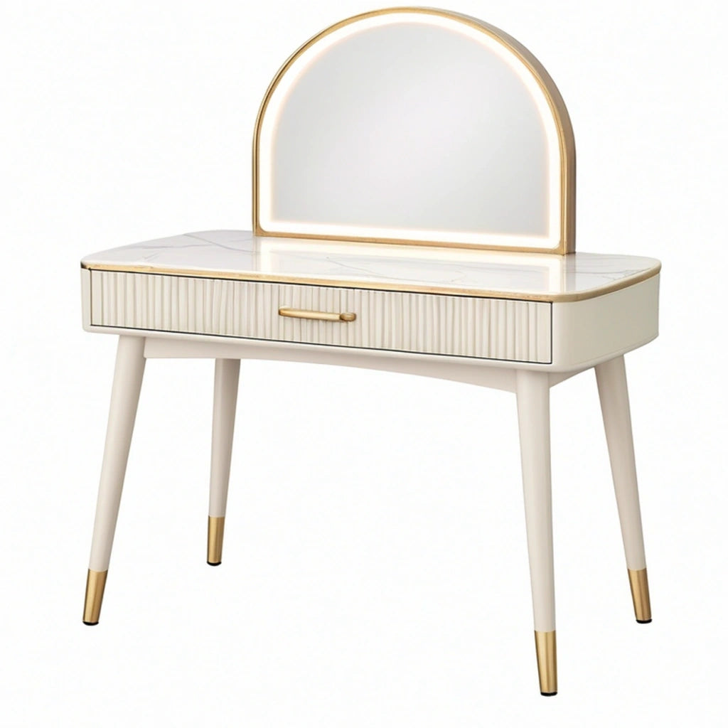 Toeletta 80x40x135 cm in legno bianco e oro con specchio e cassetto