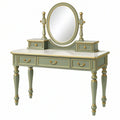 Tavolo da toeletta 120 x 45 x 150 cm verde salvia e oro con specchio ovale e cassetti stile classico