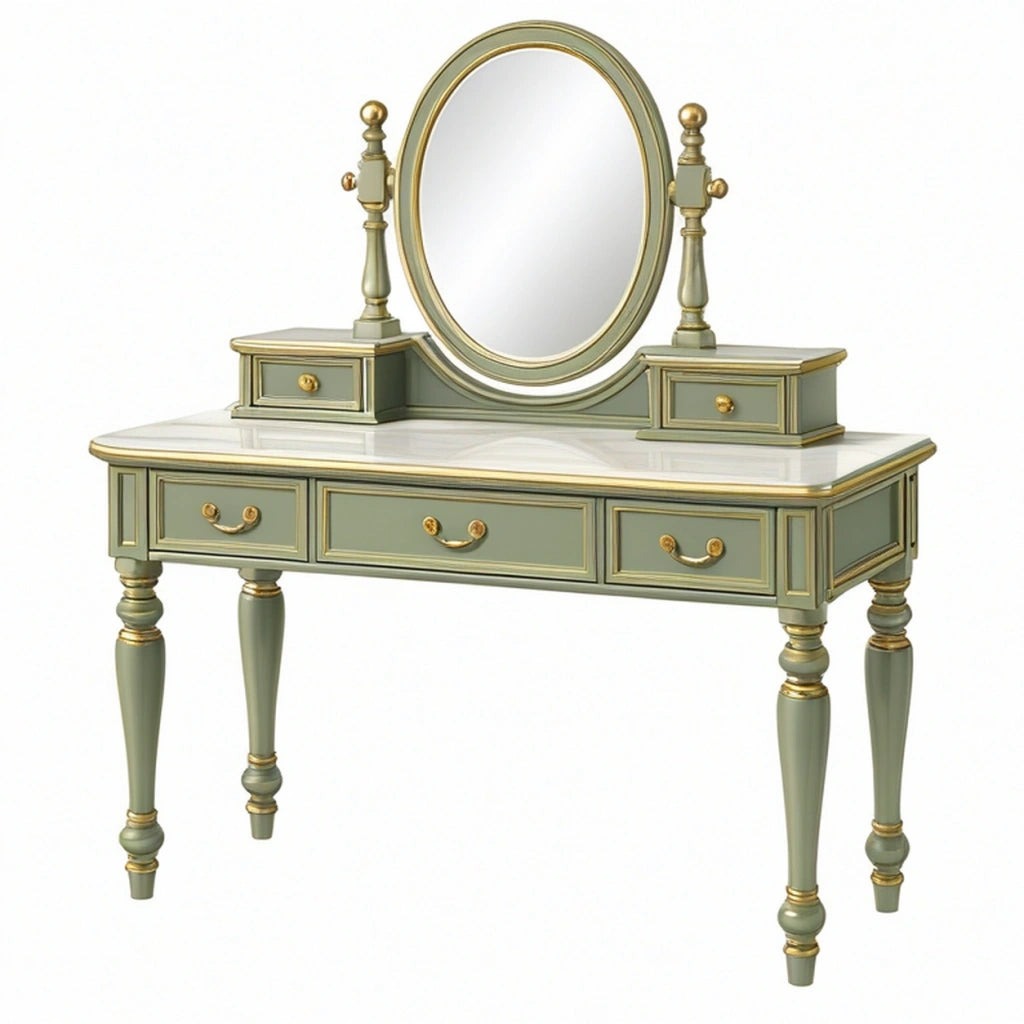 Tavolo da toeletta 120 x 45 x 150 cm verde salvia e oro con specchio ovale e cassetti stile classico